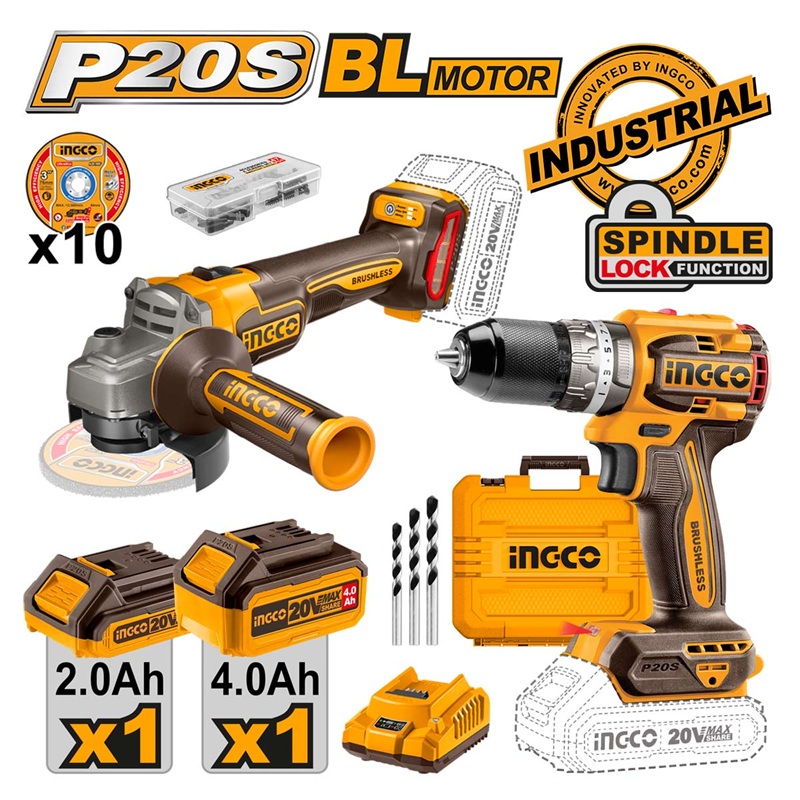 Kömürsüz Li-ion Akülü 2 li Kombo Set - Matkap ve Avuç Taşlama 20V 2.0/4.0 Ah1566