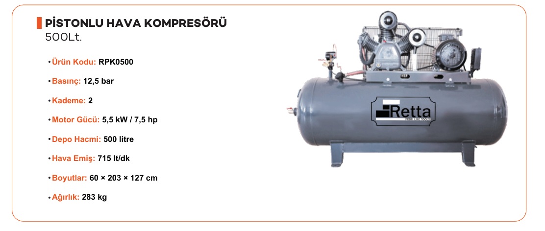 PİSTONLU HAVA KOMPRESÖRÜ 500Lt.