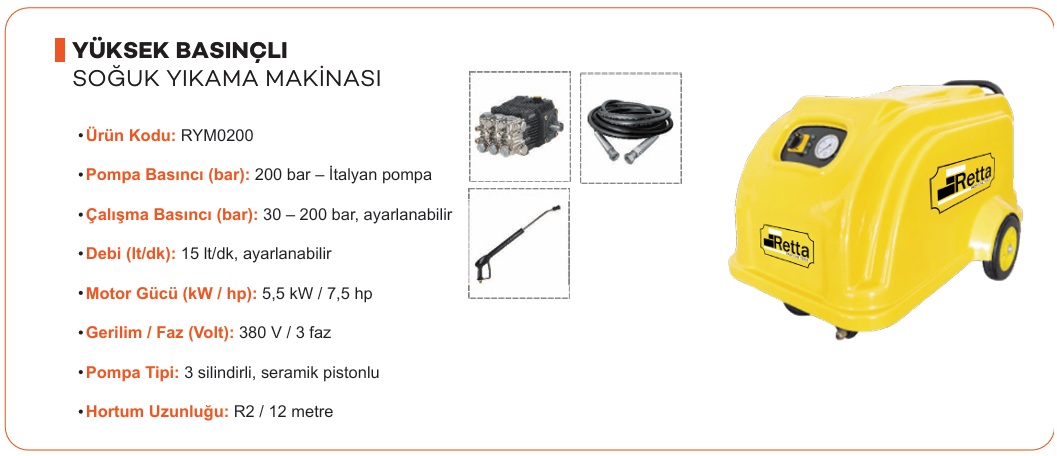 YÜKSEK BASINÇLI  SOĞUK YIKAMA MAKİNASI 200 bar