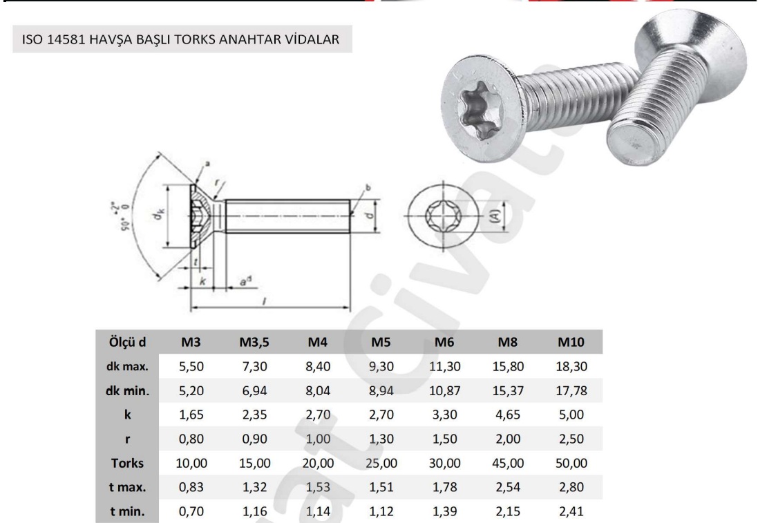 yhb tx  özel havşa başlı torx - torks başlı vidalat alman malı
